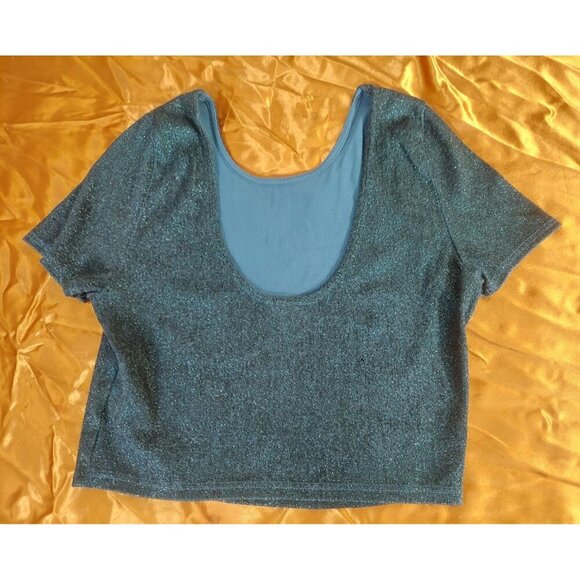 Top Shop Blue Sparkle Crop Top Womens Sz M Scoop Back Stretch P - Picture 2 of 3